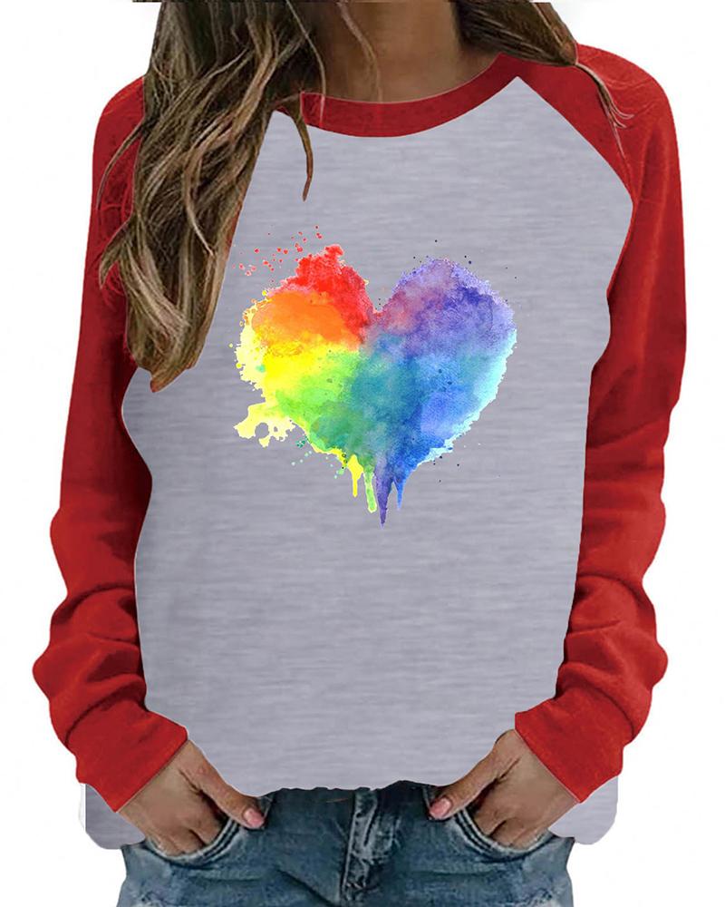 

Valentine' Day O-Neck Colorblock Ink Splash Heart Print Top, Gray