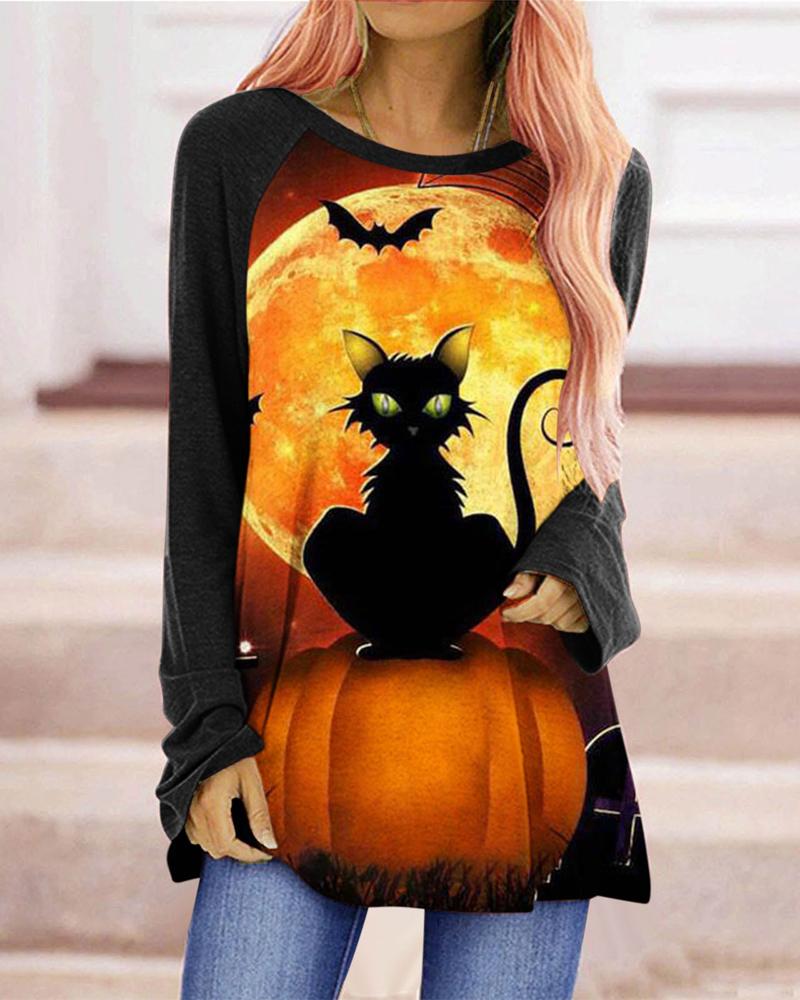 

Halloween Pumpkin Cat Print Long Sleeve Top, Black