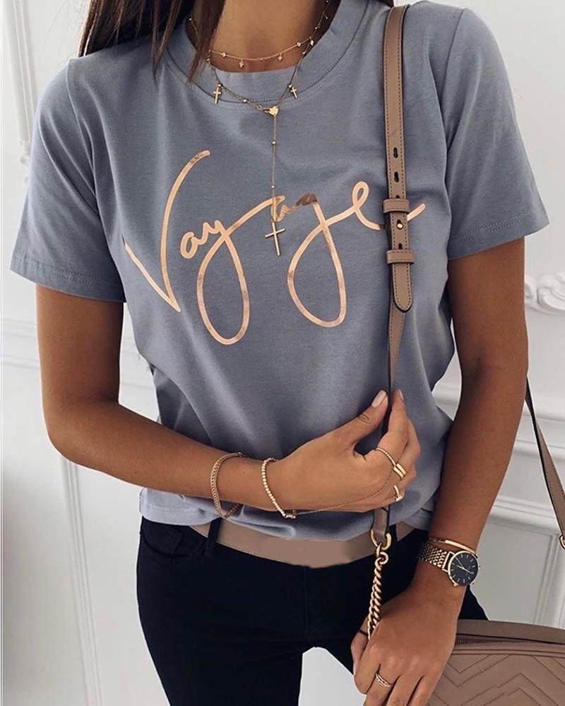 

Letter Print Short Sleeve T-Shirt, Gray