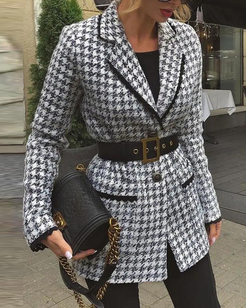 

Houndstooth Print Contrast Lace Button Pocket Design Coat, Black&white