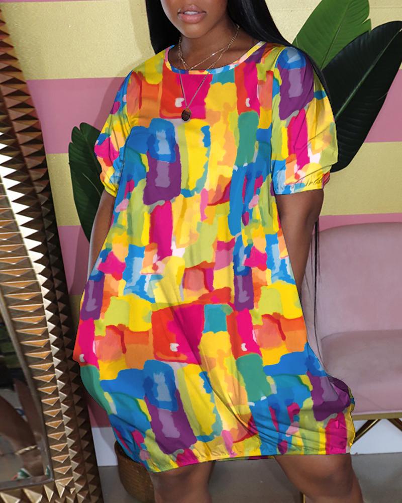 

Melting Colors All Over Print Puff Sleeve Casual Dress, Multicolor