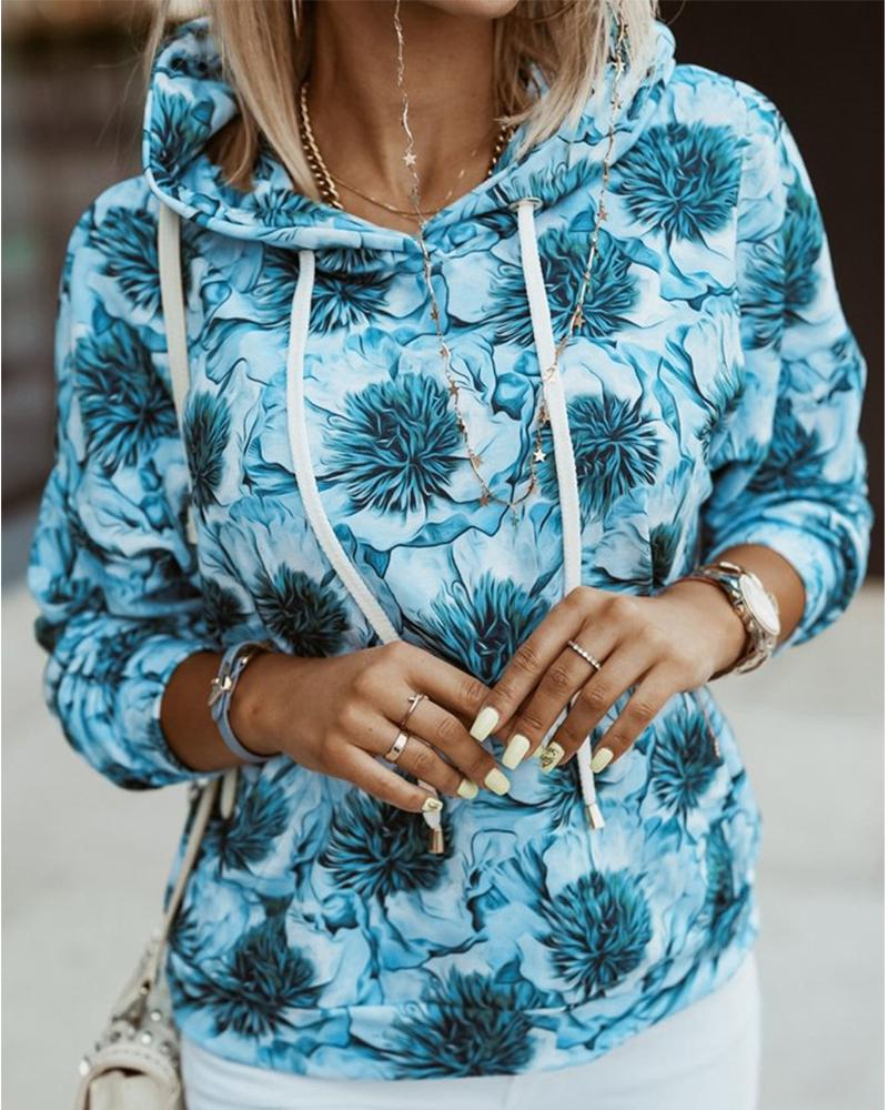 

Floral Print Long Sleeve Hoodie, Blue
