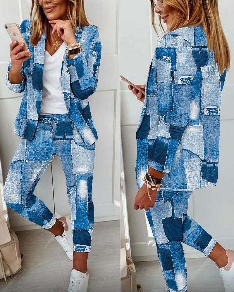 

Denim Look Print Long Sleeve Blazer & Pants Set, Blue