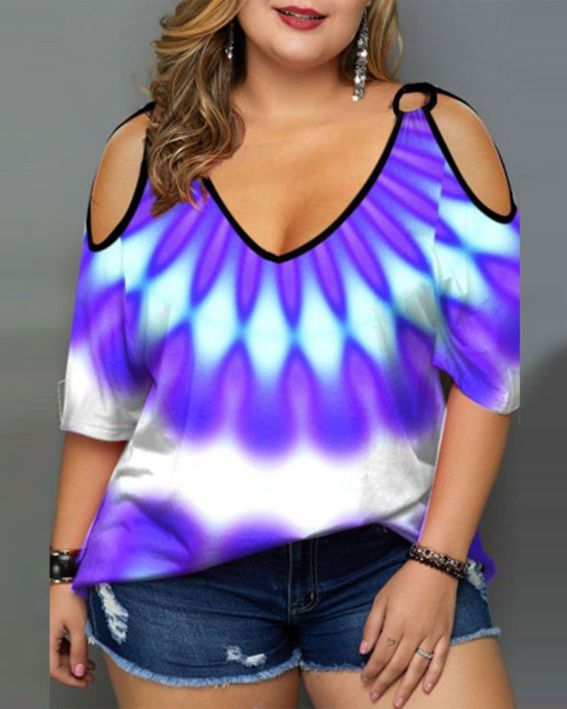 Kaufen Plus Size Tie Dye Print O-Ring Cold Shoulder T-shirt. Bild