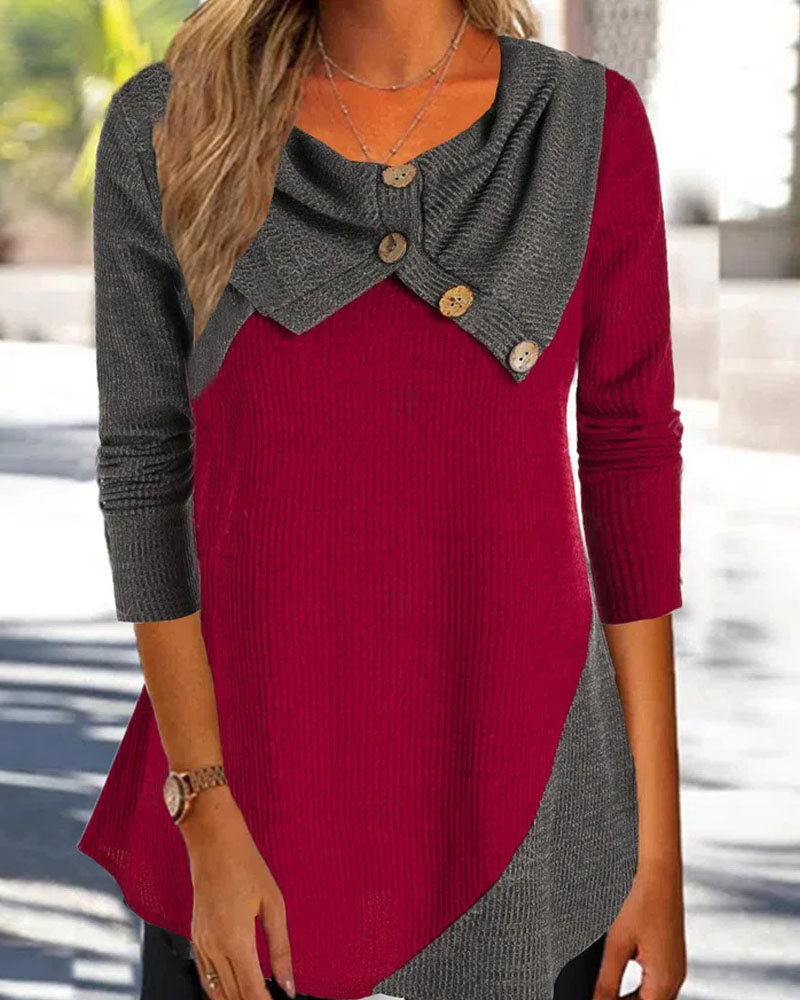 

Colorblock Button Decor Long Sleeve Waffle Knit Top, Red