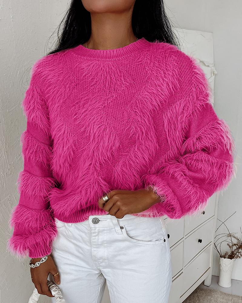 

Fluffy Tassel Design Long Sleeve Sweater, Hot pink