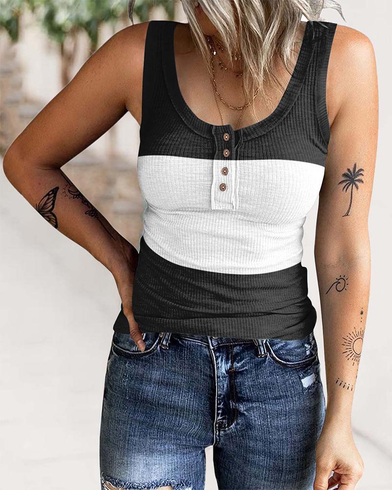 

Colorblock Button Front Tank Top, Black