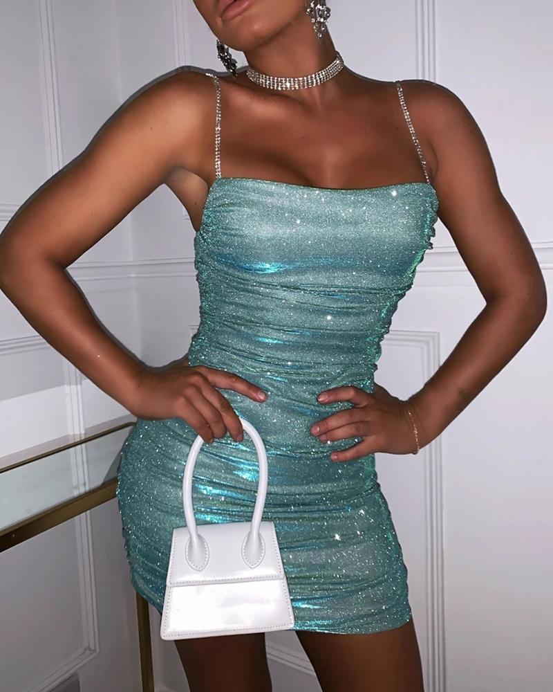 

Solid Glitter Spaghetti Strap Ruched Bodycon Dress, Green