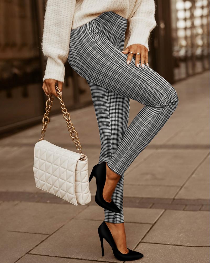 

Plaid Print High Waist Skinny Pants, Blackwhite