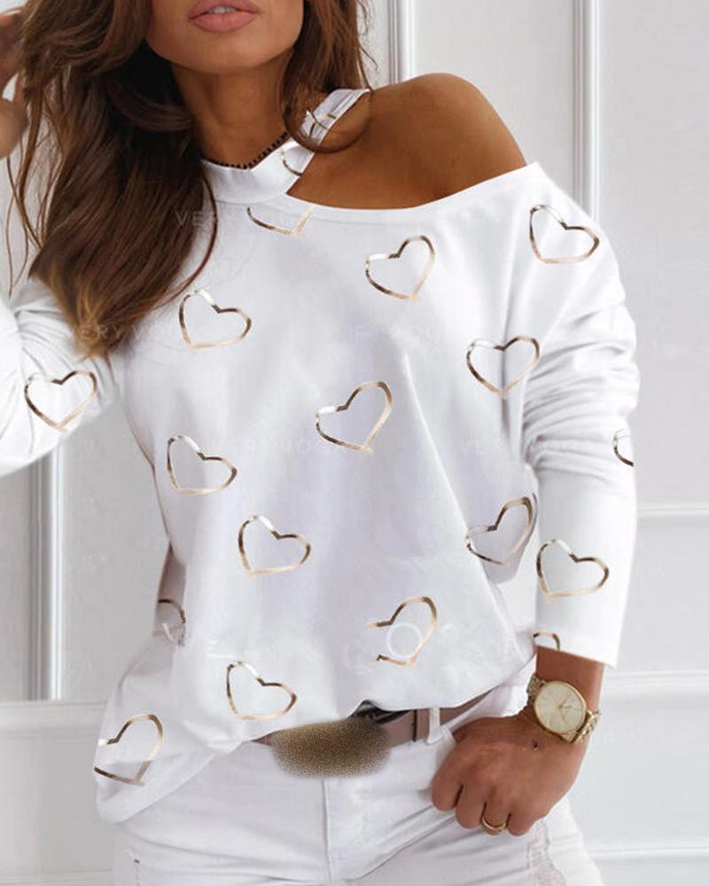 

One Shoulder Heart Print Top, White