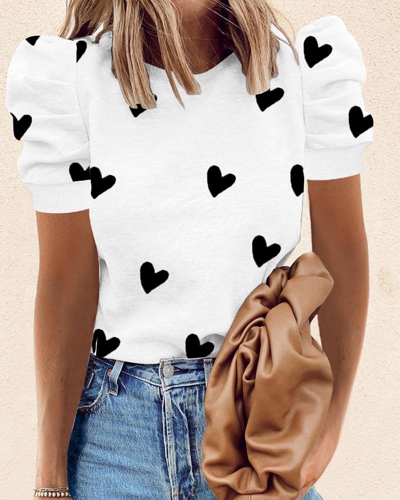 

Heart Print Puffed Sleeve Short Sleeve T-shirt, White