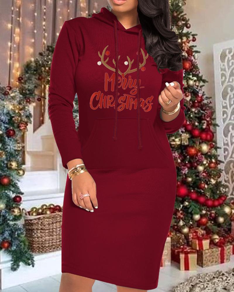 

Christmas Letter Elk Print Long Sleeve Sweatshirt Dress, Red