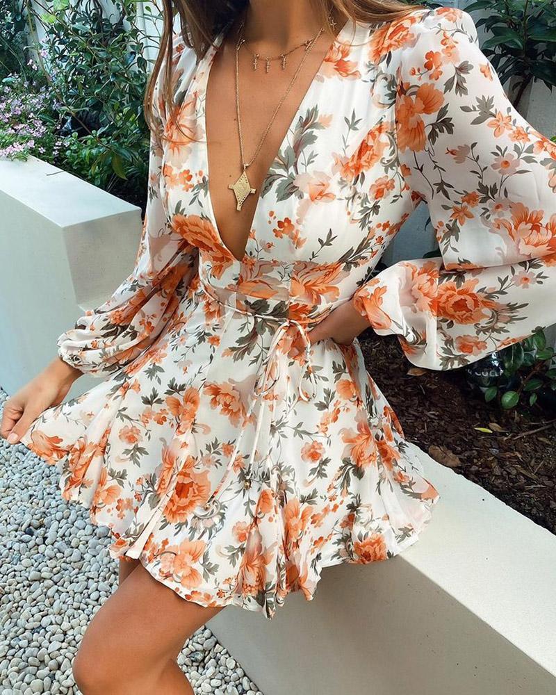 

Floral Print Plunge Tied Detail Ruched Dress, Yellow