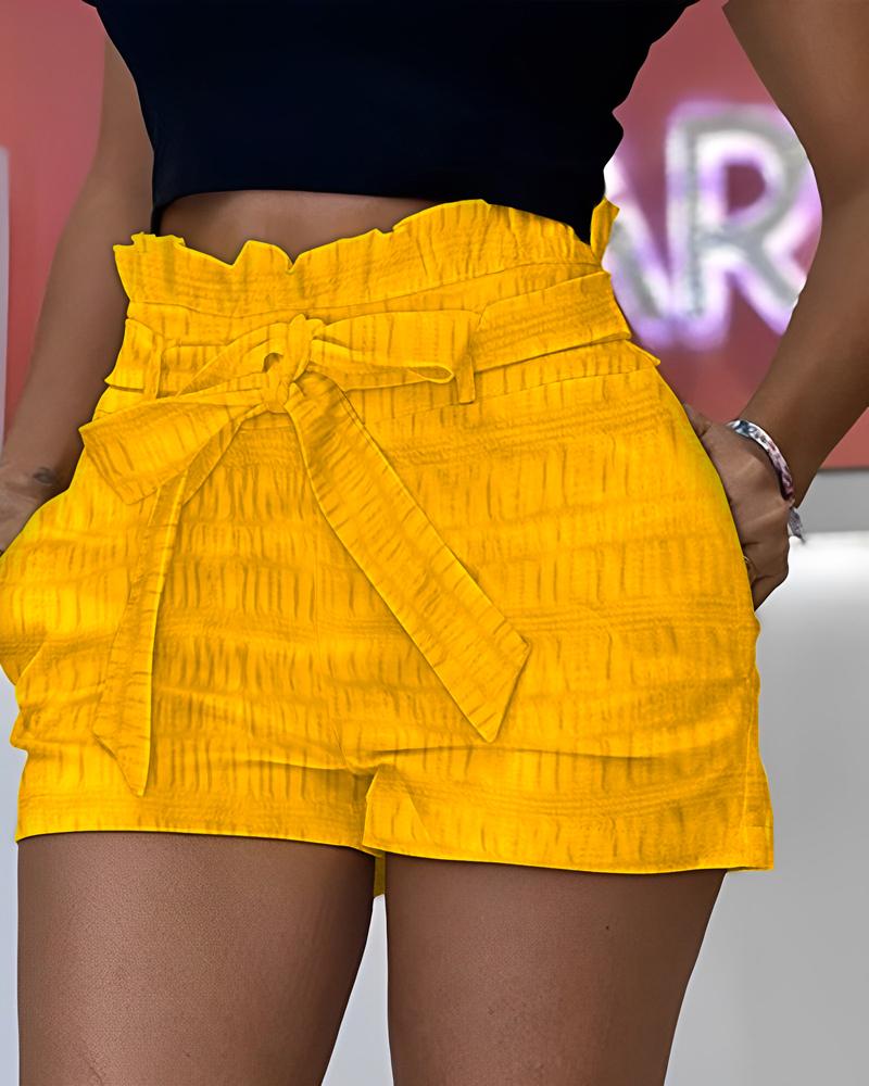 

Frill Hem Paperbag Waist Textured Shorts, Yellow