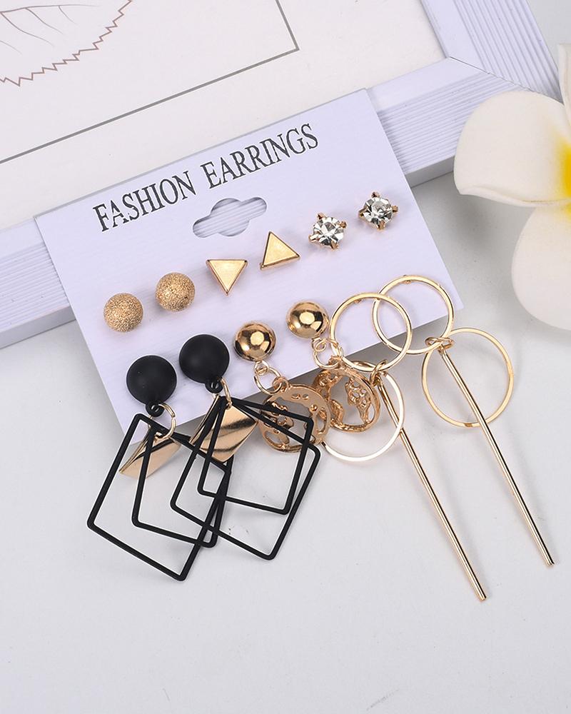 

6Pair Tassel Rhinestone Geometric Pattern Earrings Set, Gold