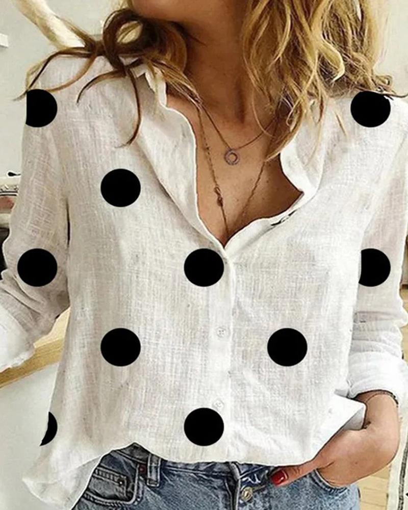 

Polkadot Print Long Sleeve Casual Shirt, White