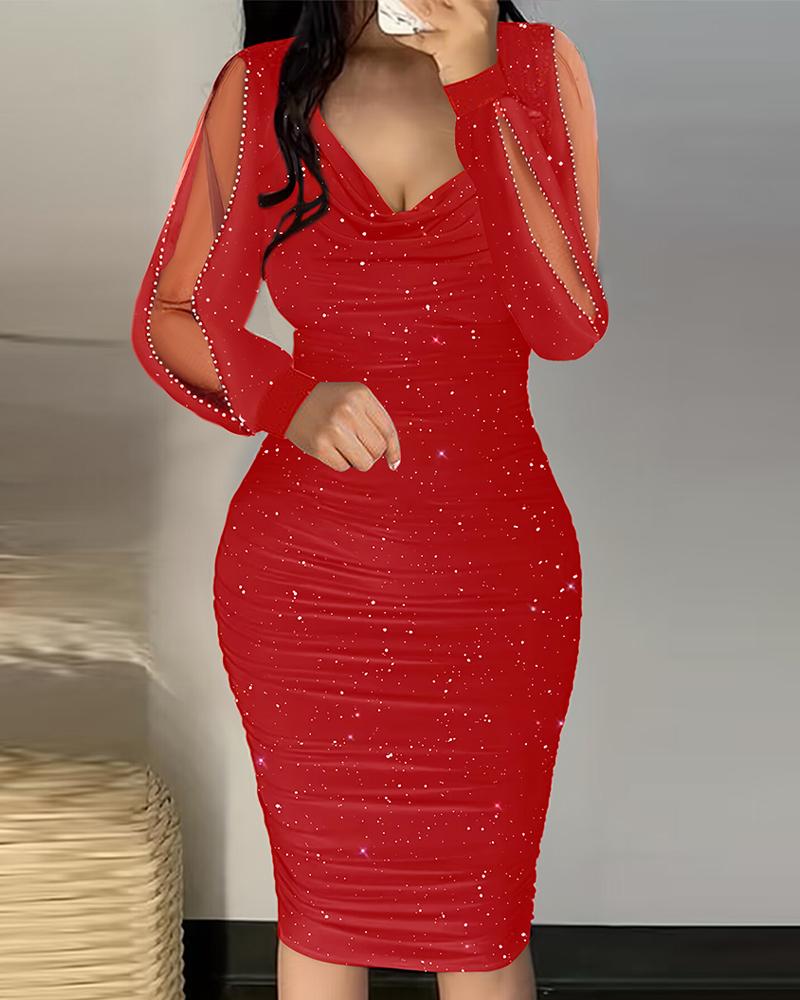 

Rhinestone Glitter Sheer Mesh Bodycon Dress, Red