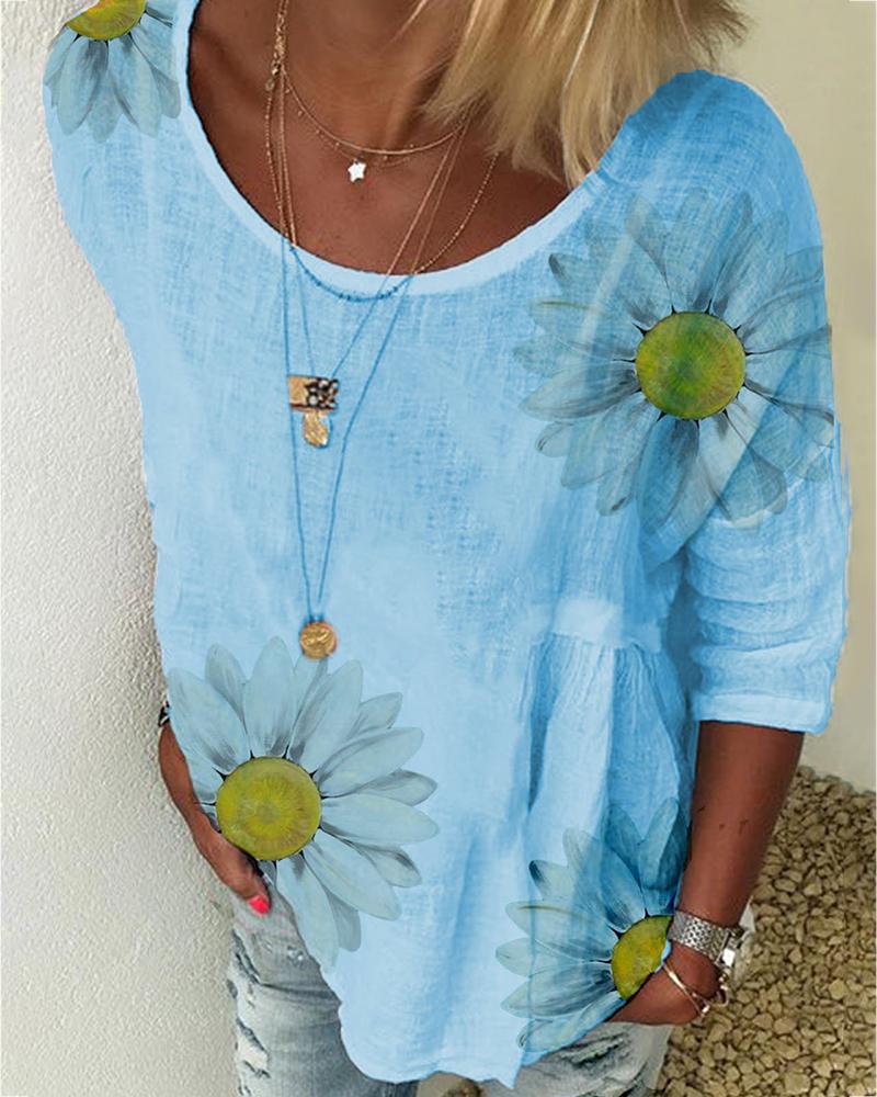 

Daisy Print Short Sleeve Casual T-shirt, Blue
