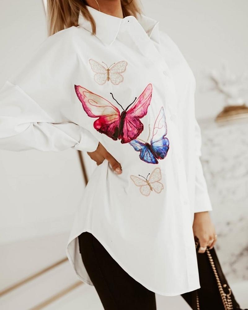 

Butterfly Print Buttoned Long Sleeve Shirt Dress, White