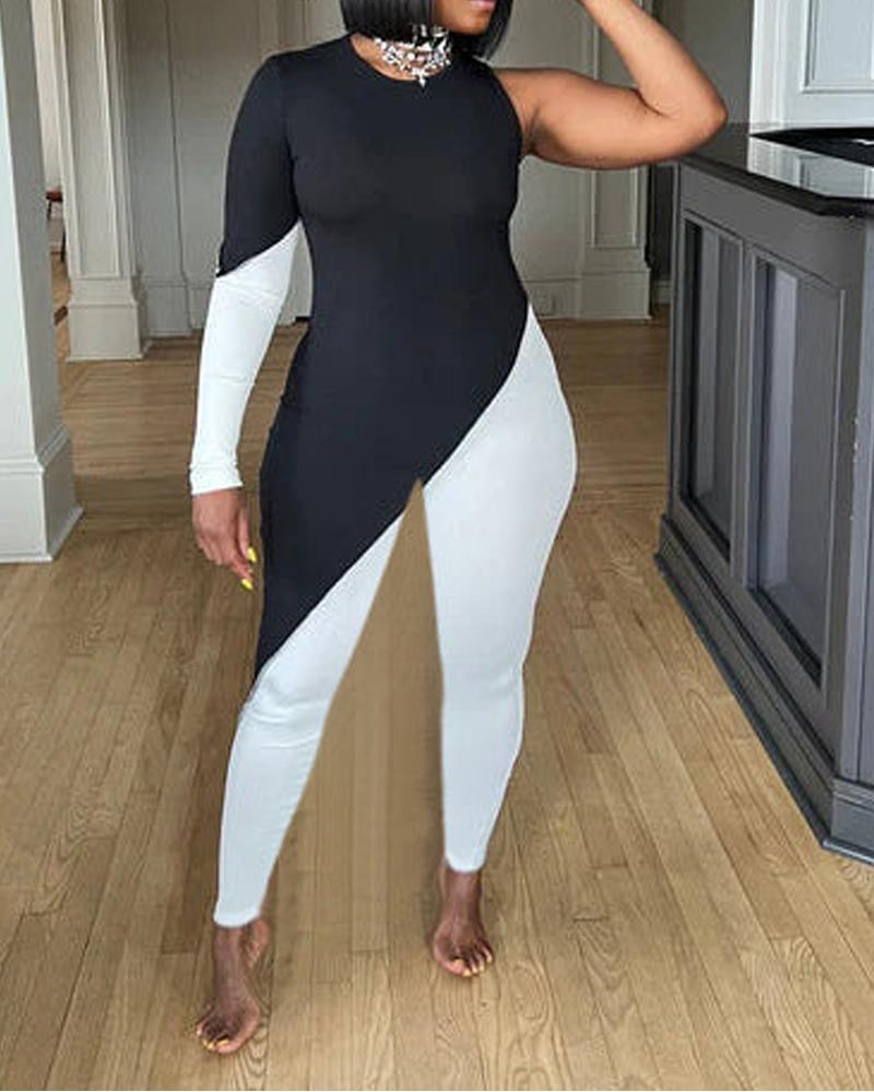 

Colorblock Long Sleeve Skinny Jumpsuit, Blackwhite
