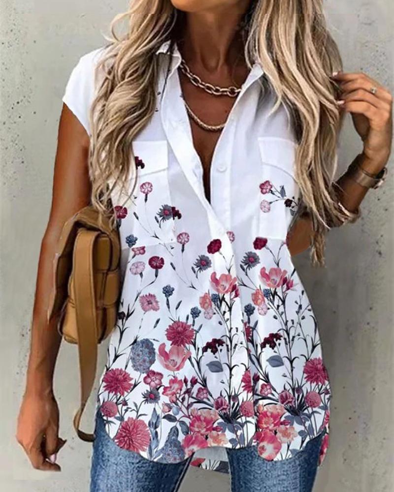 

Floral Print Buttoned Pocket Design Shirt, White
