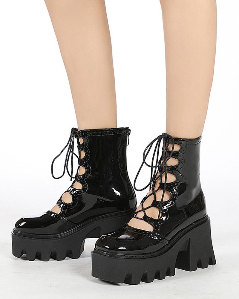 

Fashion Womens Square Toe Shiny Finish Hollow-out Platform Boots, Black