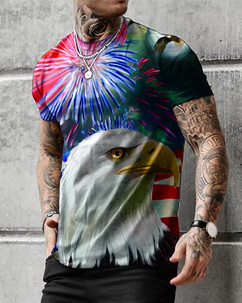 

3D Eagle Print Short Sleeve T-shirt, Multicolor