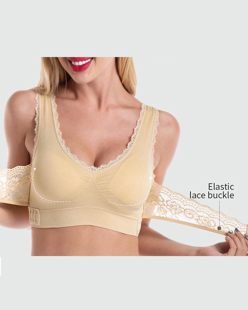 

Lace Trim Hook Front Wireless Lifting Yoga Bra, Nude