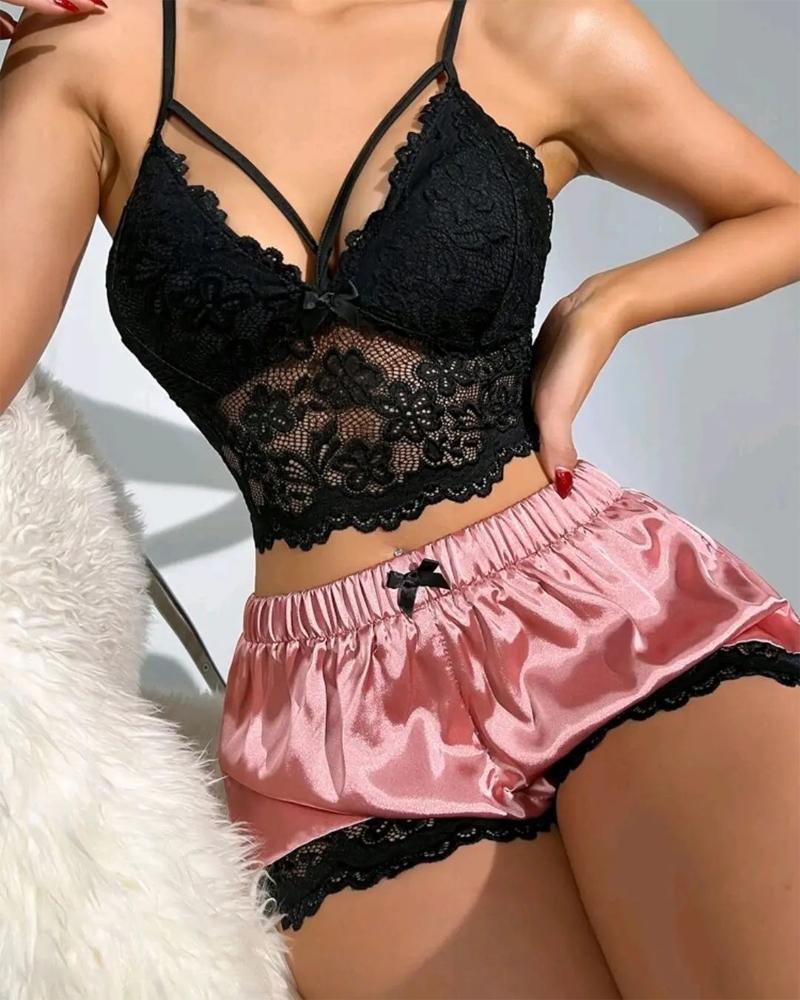 

Contrast Lace Bow Decor Cami Set, Pink