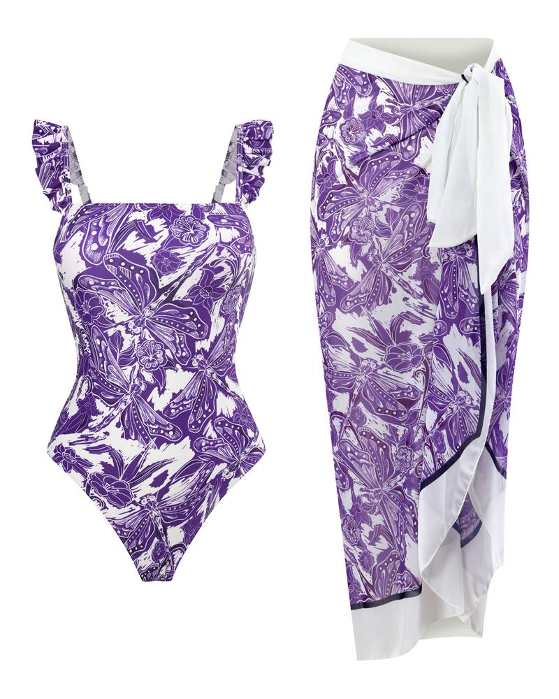 

Dragonfly Floral Print One-Piece Swimsuit With Cover Up, Purple