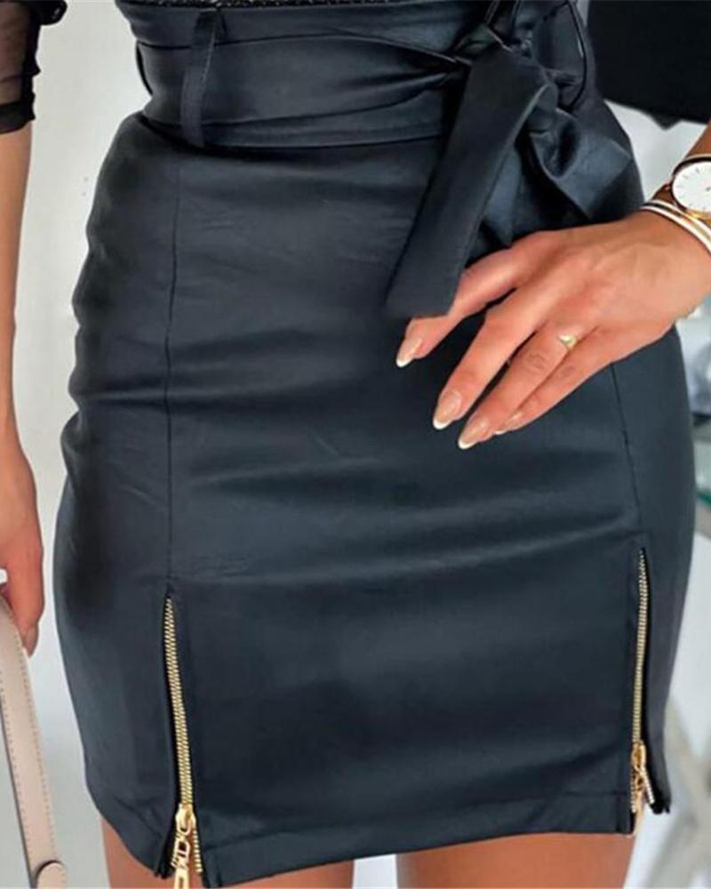 

PU Leather Zipper Design Skirt With Belt, Black