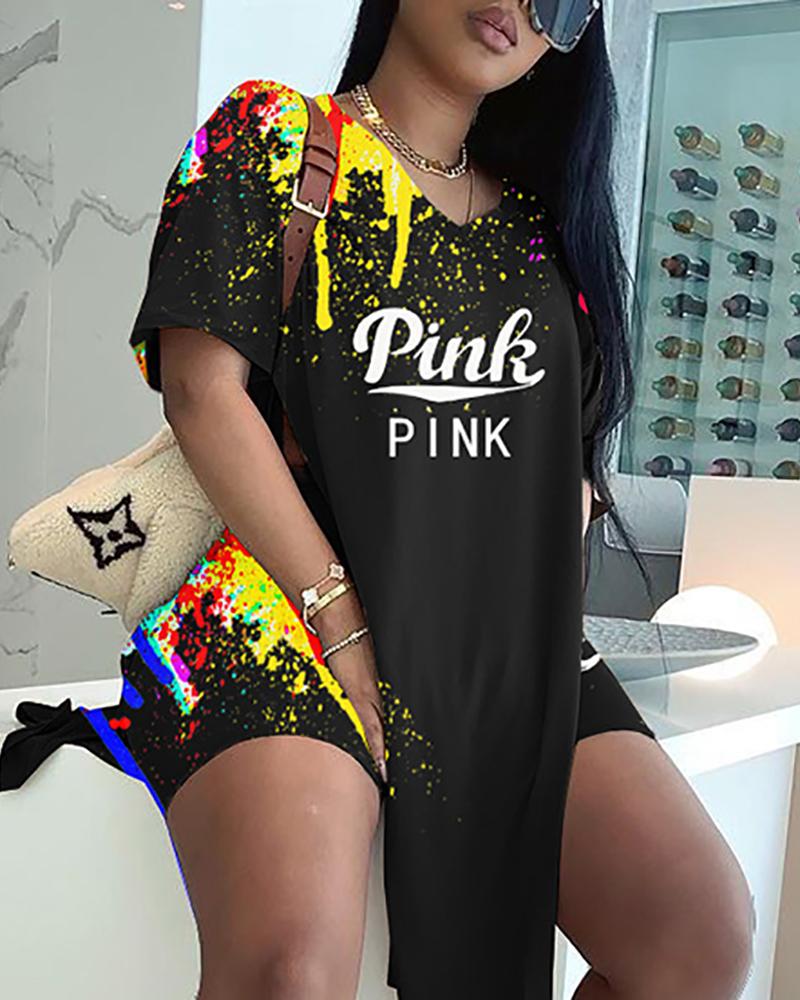

Letter Splash Ink Print Short Sleeve Top & Shorts Set, Black