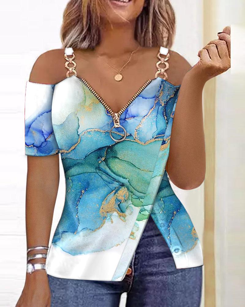 

Ombre Split Hem Cold Shoulder Top, Multicolor