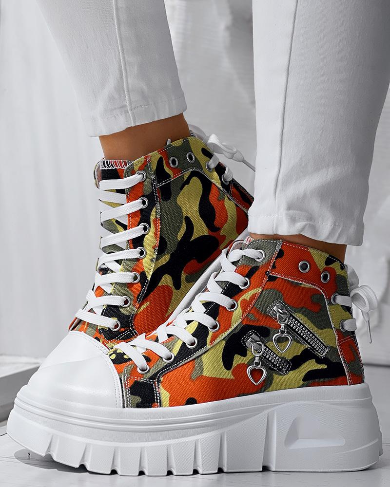 

Zipper Design Eyelet Platform Sneakers, Yellow&orange