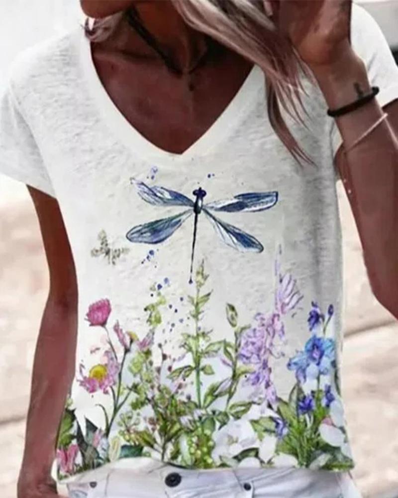 

Dragonfly Flowers Print Short Sleeve T-shirts, White