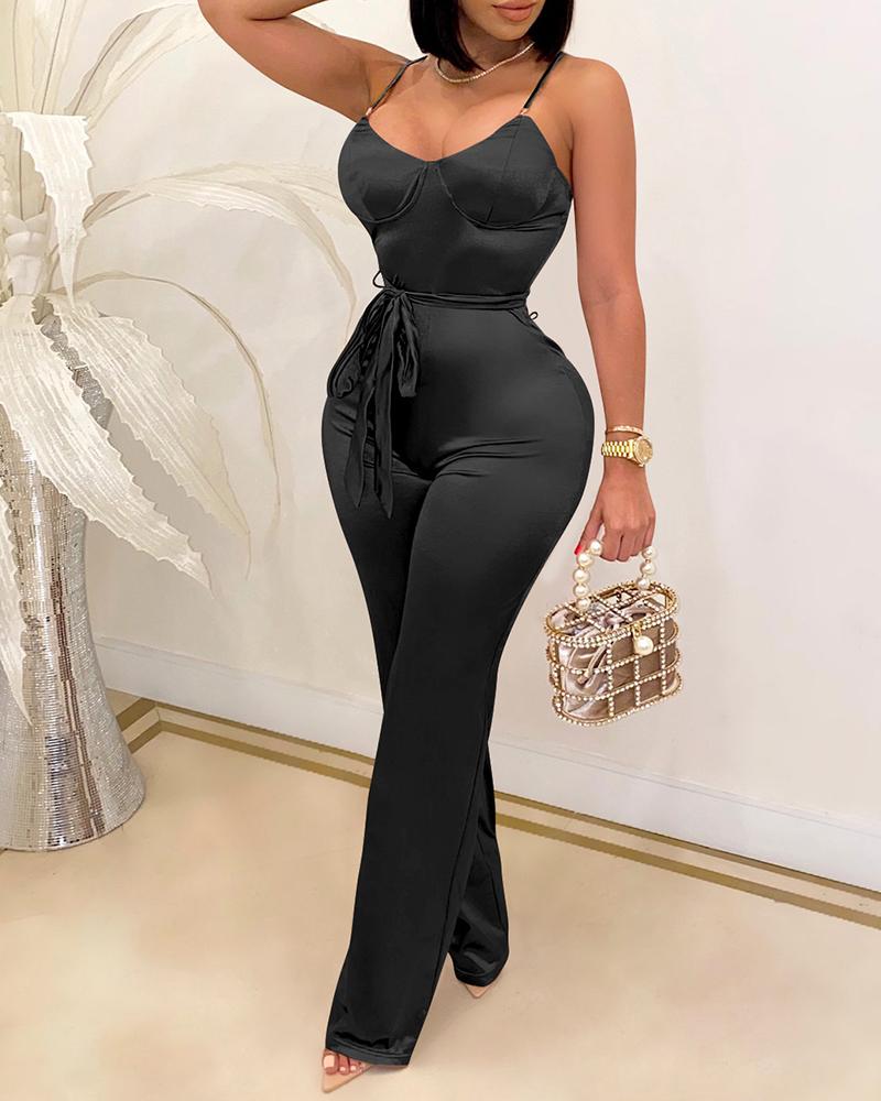 

Plain Spaghetti Strap Straight Leg Jumpsuit, Black