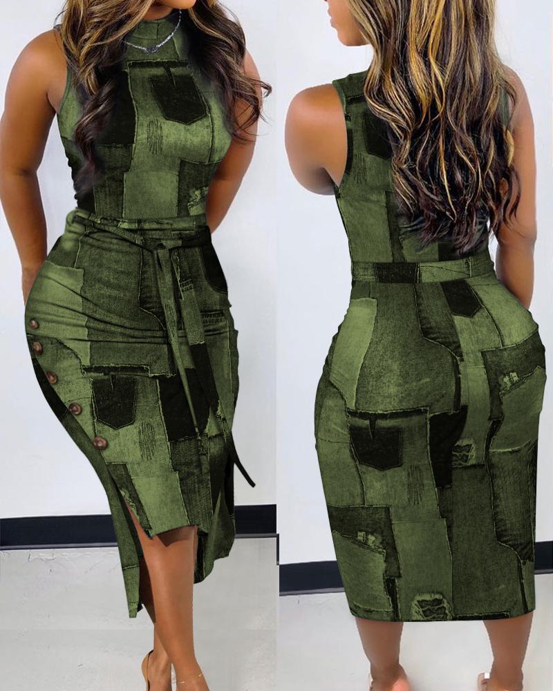 

Denim Look Print Sleeveless Bodycon Dress, Army green