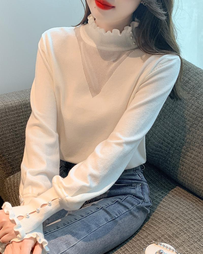 

Frill Hem Long Sleeve Knit Top, White