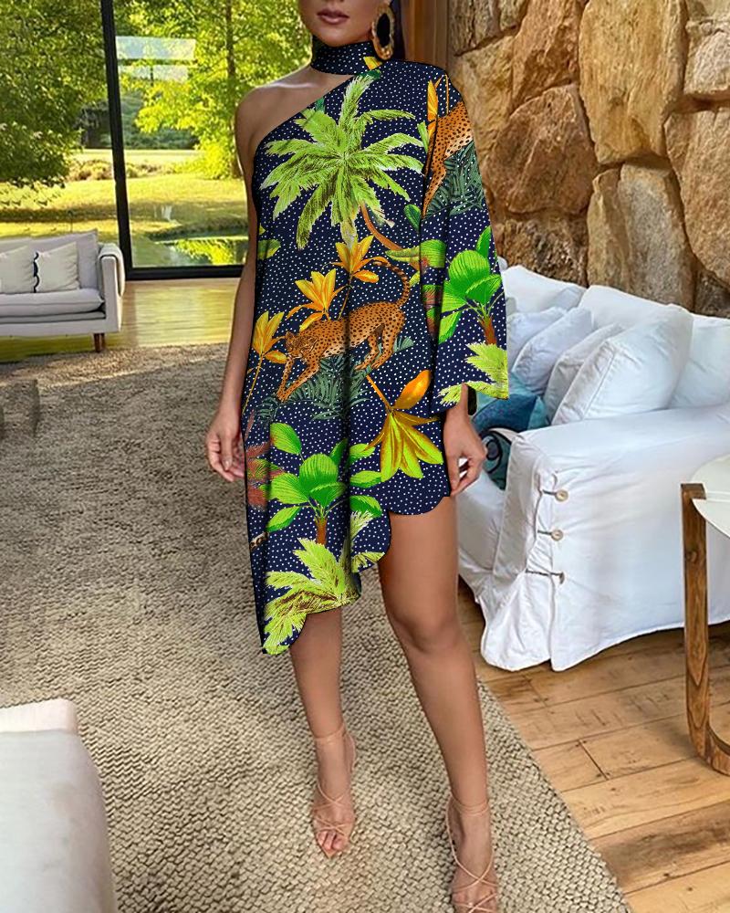 

Tropical Animal Print One Shoulder Scallop Trim Casual Dress, Purplish blue