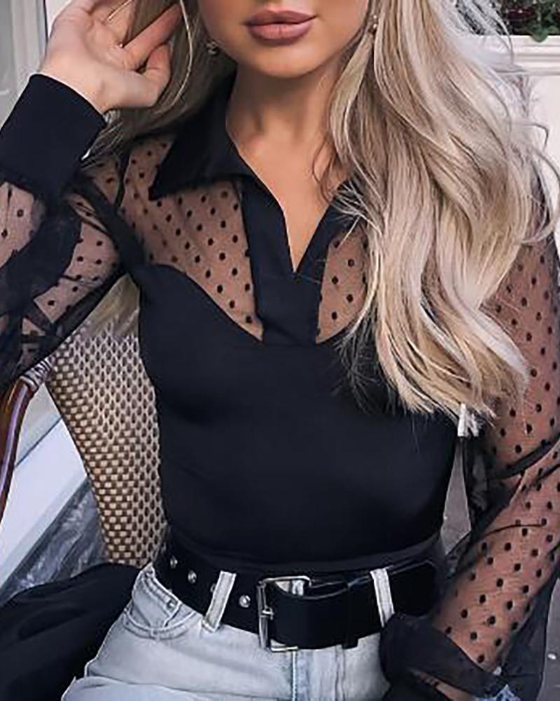 

Polkadot Print Long Sleeve Blouse, Black