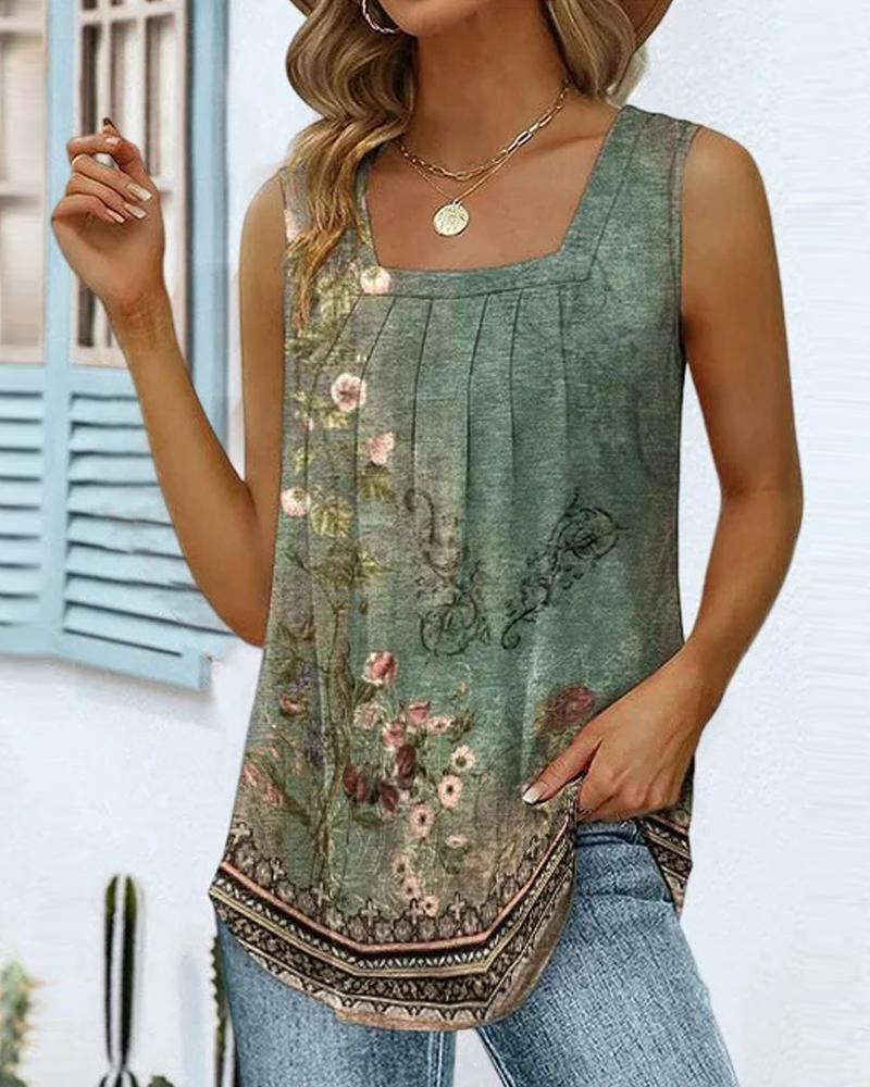 

Tribal Floral Print Square Neck Ruched Tank Top, Green