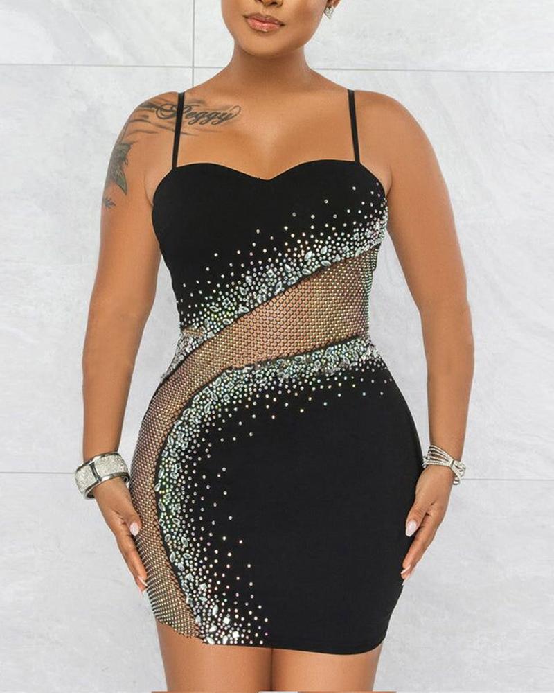 

Rhinestone Decor Contrast Mesh Party Dress, Black