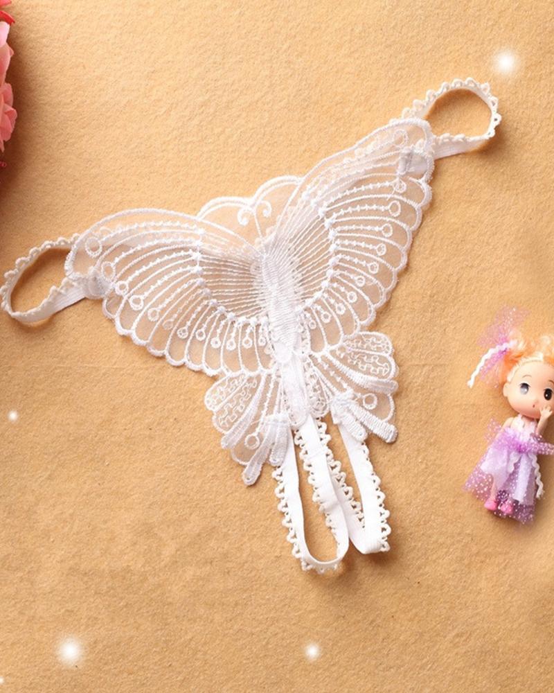 

Sexy Butterfly Embroidery Low Waist Skinny Thong Panties, White
