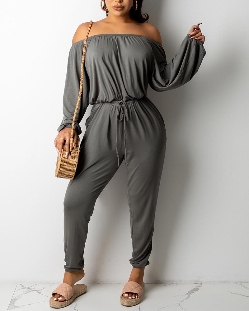 

Solid Off Shoulder Drawstring Jumpsuit, Gray