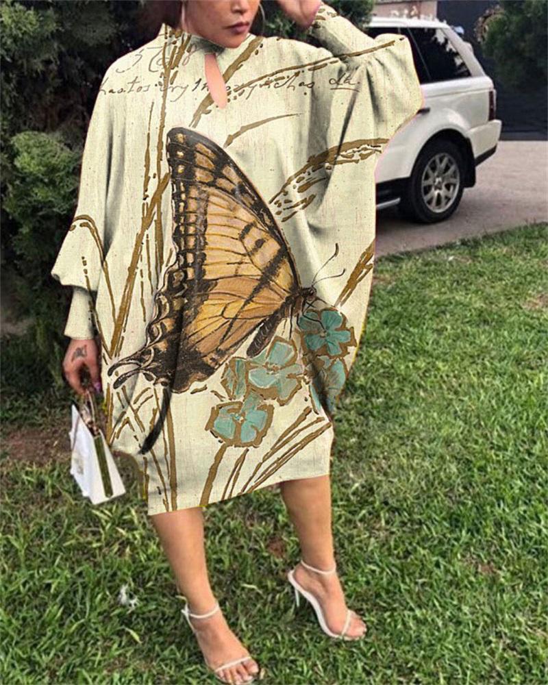 

Plus Size Butterfly Print Batwing Lantern Sleeve Casual Dress, Khaki