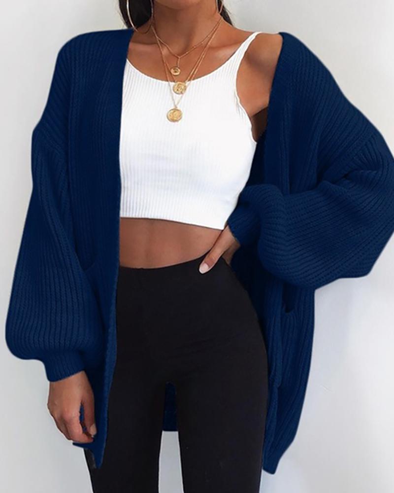 

Long Sleeve Plain Knit Casual Cardigan, Blue