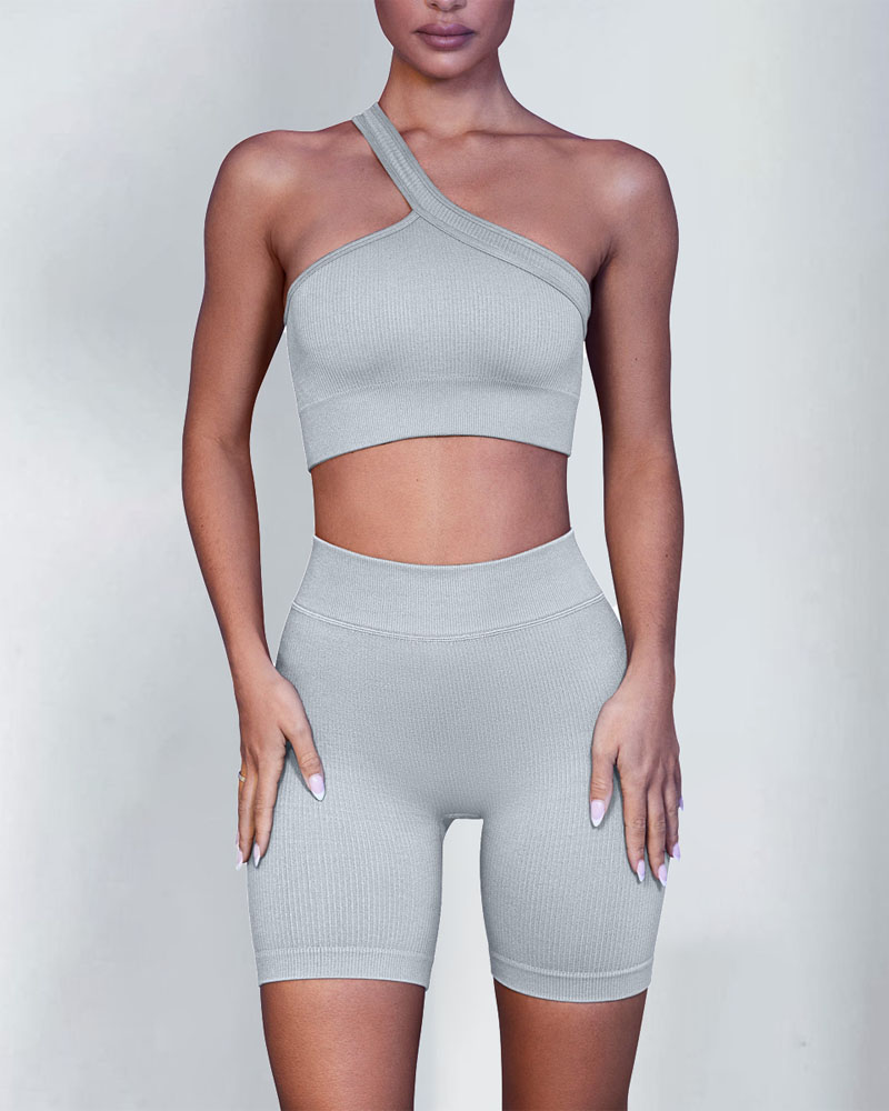 

One Shoulder High Waist Butt Lifting Yoga Active Set, Gray