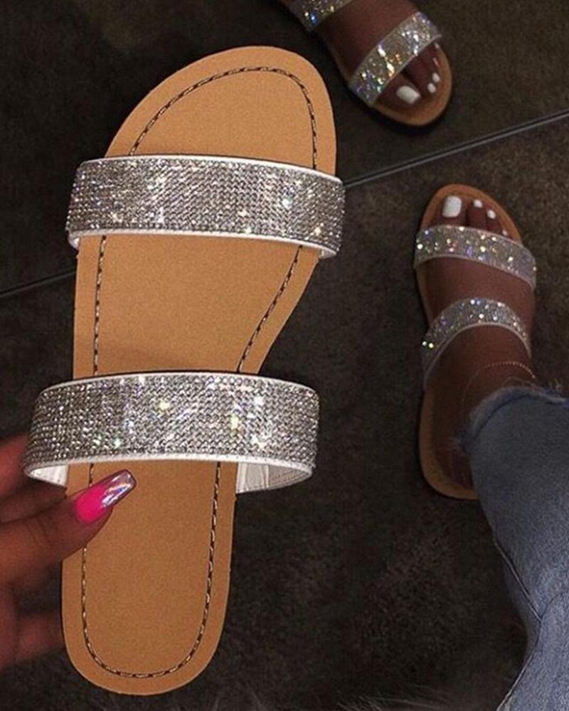 

Rhinestone Decor Double Band Slippers, White