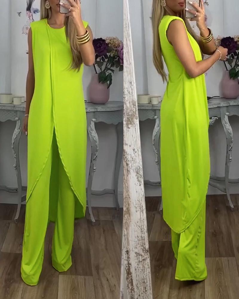 

Slit Sleeveless Longline Top & Pants Set, Yellow