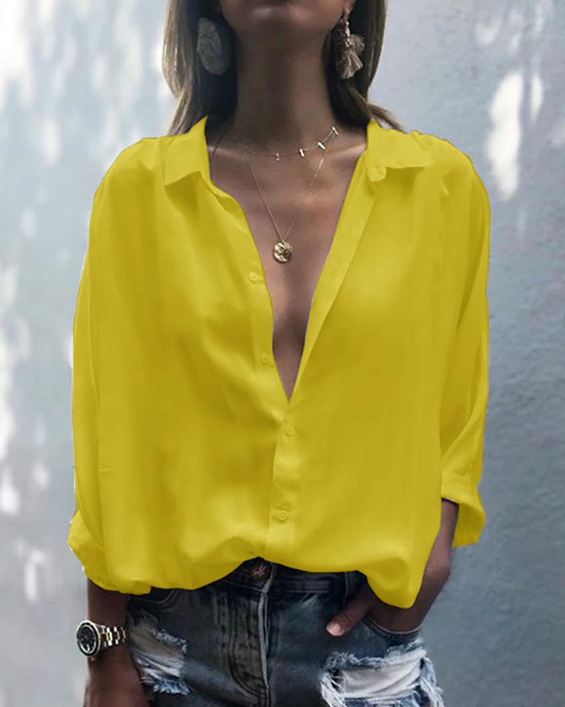 

Deep V-Neck Button Up Shirt, Yellow